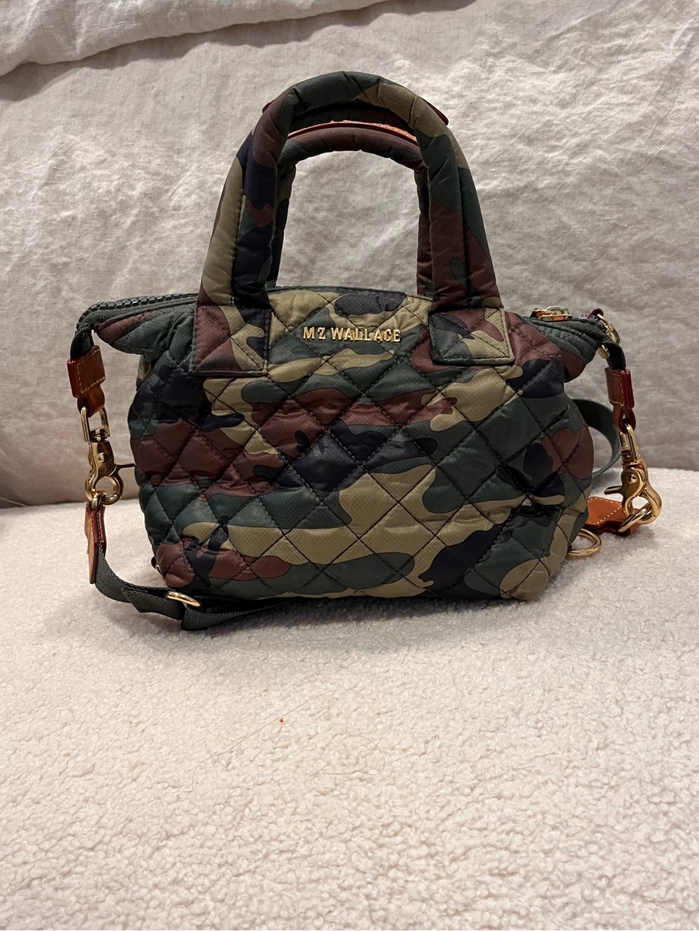 MZ Wallace Micro Sutton Quilted Camo Crossbody Mini Bag in Green and Brown